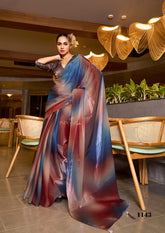 Vibrant Fendy Satin Saree in Blue, Red & Peach Ombre – Digital Print Elegance